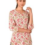 Women's Cotton Short Kurti with Notch Neck Line 3/4th Sleeves Floral Pattern Short Length and Regular Fit.