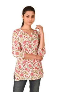 Women's Cotton Short Kurti with Notch Neck Line 3/4th Sleeves Floral Pattern Short Length and Regular Fit.